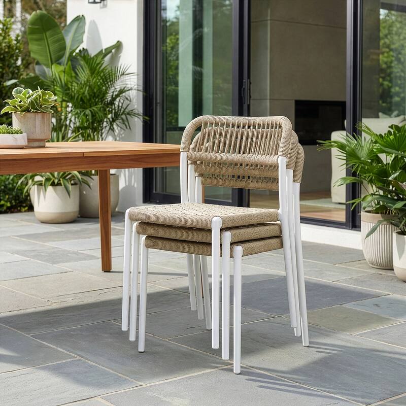 Set of 2 Belen Beige Woven Rope Fabric Dining Chair with Plastic Frame