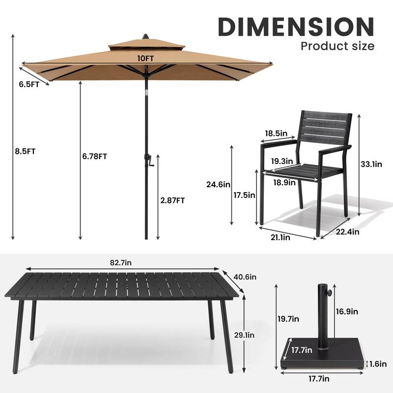11-Piece Patio Dining Set w/10 ft Umbrella and Base, Rectangle Aluminum Table and 8 Stackable Chairs