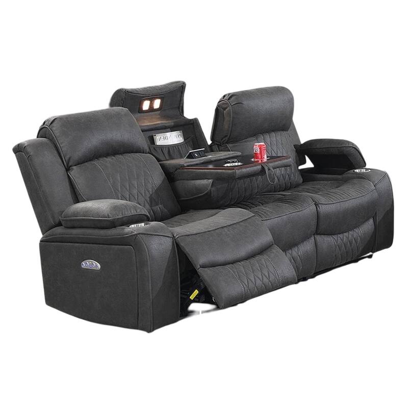 Contemporary Charcoal Gel Leatherette Power Motion Sofa with Storage Arms and Cup Holder