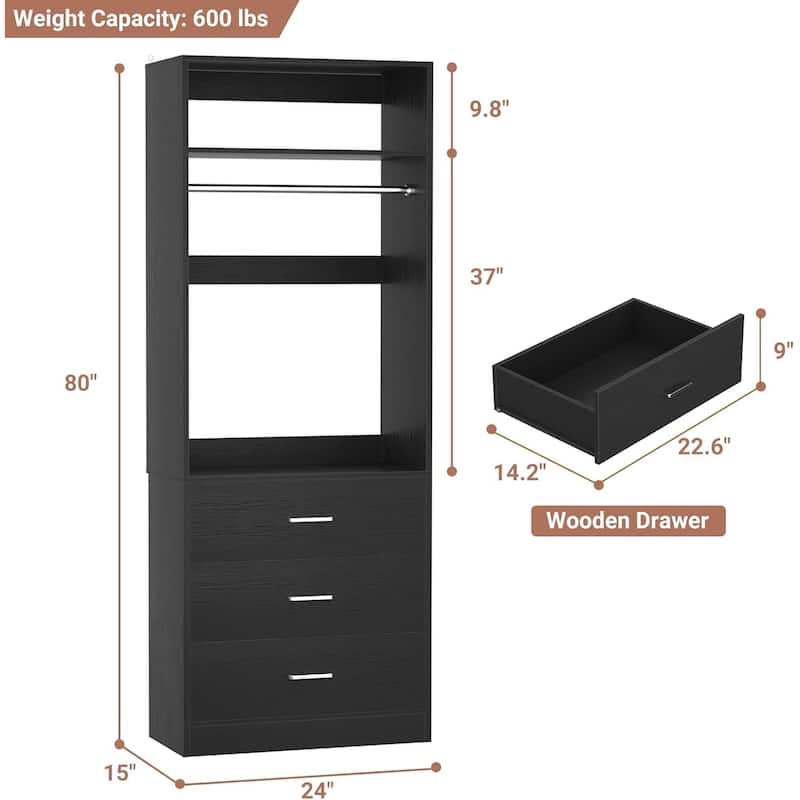 Kyrvo 24" Freestanding Closet Organizer System with Hanging Rod & Shelves,Heavy Duty Closet System with 3 Wood Drawers