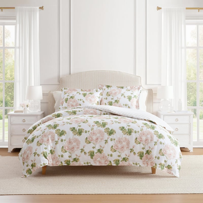 Martha Stewart Geranium Bloom Cotton Reversible Pink Duvet Cover Set