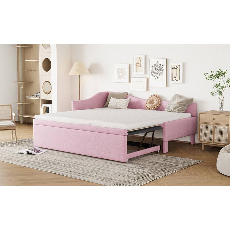 Roomfitters Twin Size Upholstered L-Shaped Daybed with Pop Up Trundle, Space Saving Fabric Sofa Bed Frame with Slats