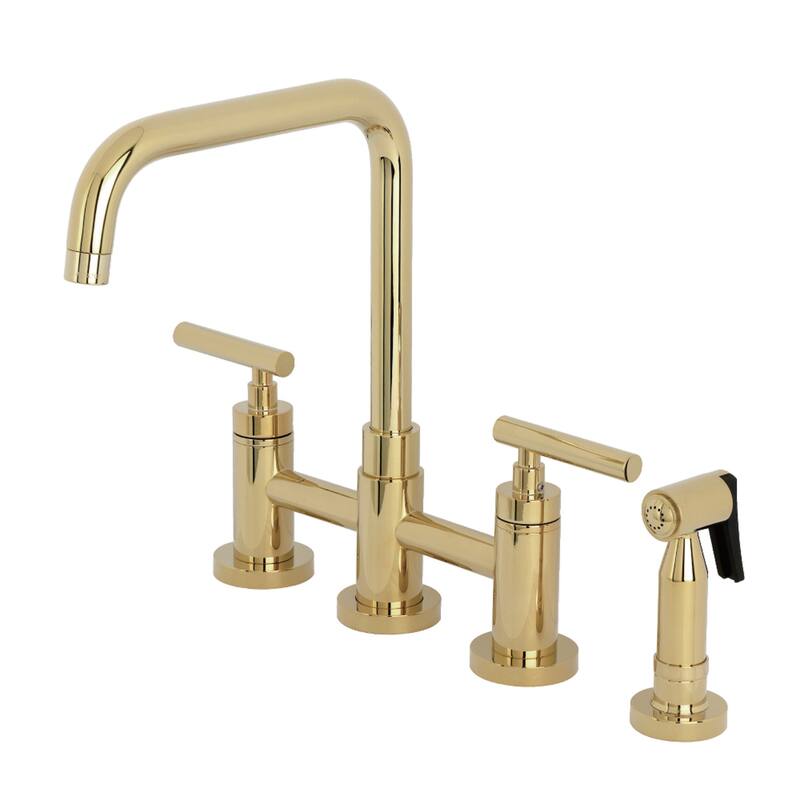 Kingston Brass Manhattan Two-Handle 4-Hole Deck Mount Bridge Kitchen Faucet with Brass Side Sprayer - Polished Brass