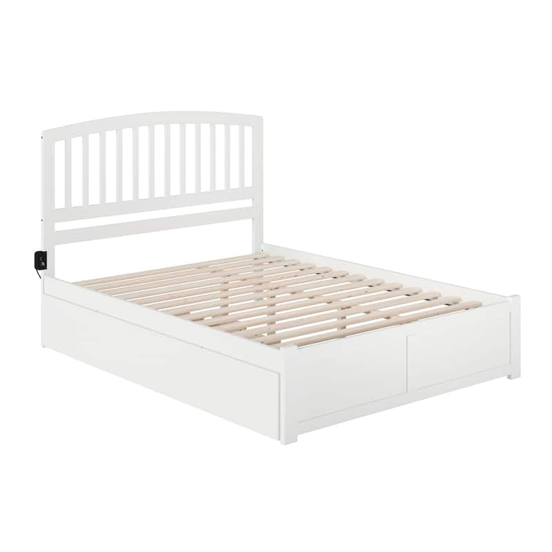 Platform Bed with Footboard & Trundle - Twin XL, White Arched Headboard, Solid Wood, USB Ports