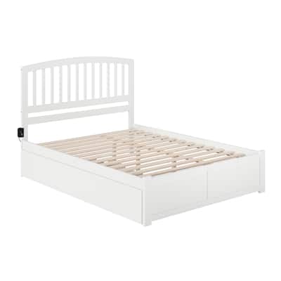 Platform Bed with Footboard & Trundle - Twin XL, White Arched Headboard, Solid Wood, USB Ports