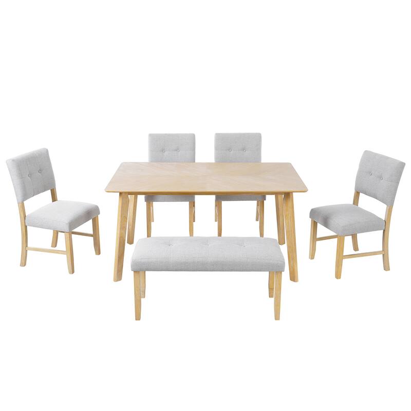Roomfitters 6 Piece Rustic Dining Set, Rectangular Table with Upholstered Chairs and Bench, Solid Wood Frame, Natural Wood Wash