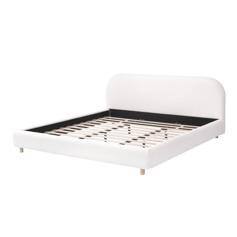 Queen/King Size Platform Bed with Curve-Shaped Design Headboard, Boucle Fabric Upholstered Bed Frame with Slats Support