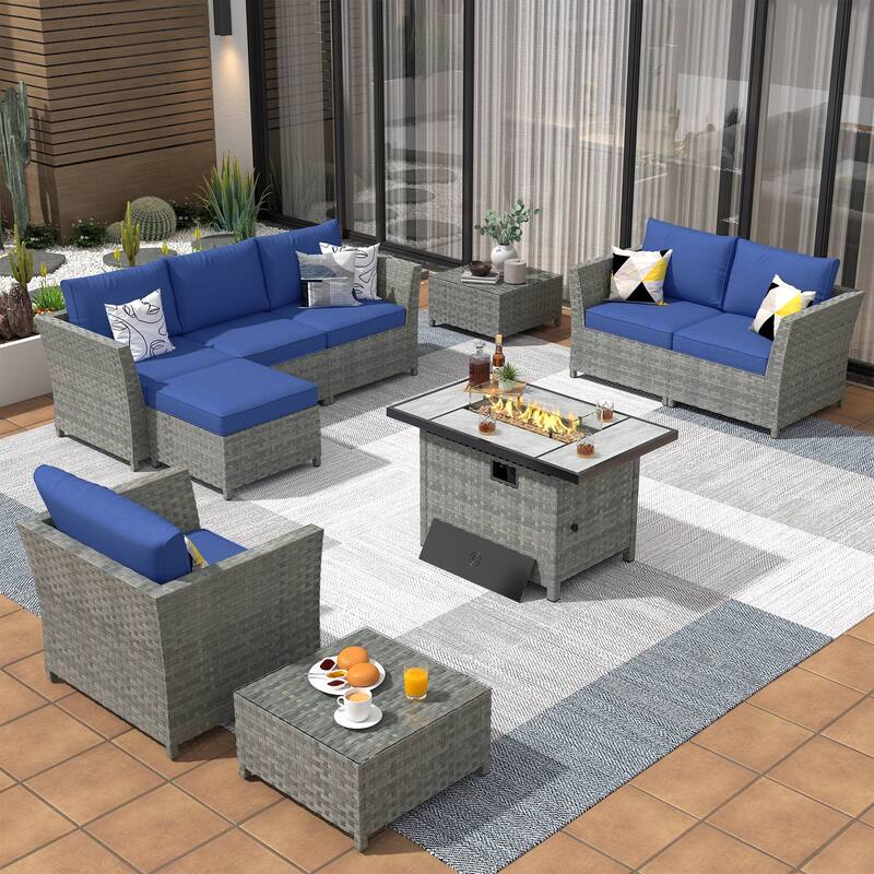 XIZZI 10-piece Patio Rattan Wicker Furniture with Rectangular Fire Pit - Navy Blue