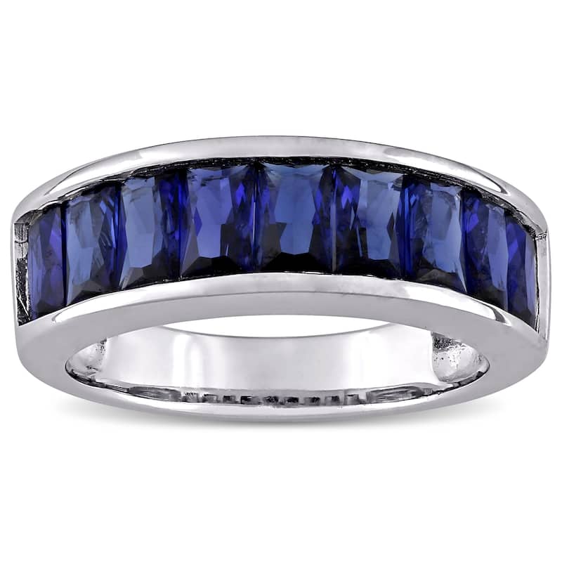 Miadora Sterling Silver Baguette-cut Created Blue Sapphire Semi-Eternity Anniversary Band Ring