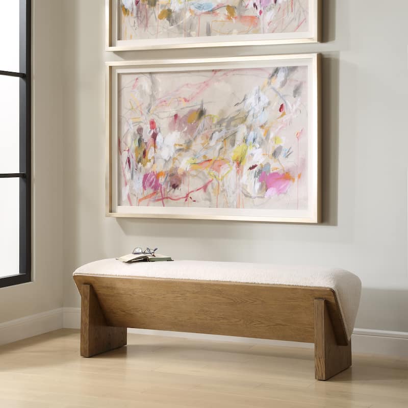 Uttermost Wedged Ivory Fabric Bench - 17'' H X 59'' W X 19'' D