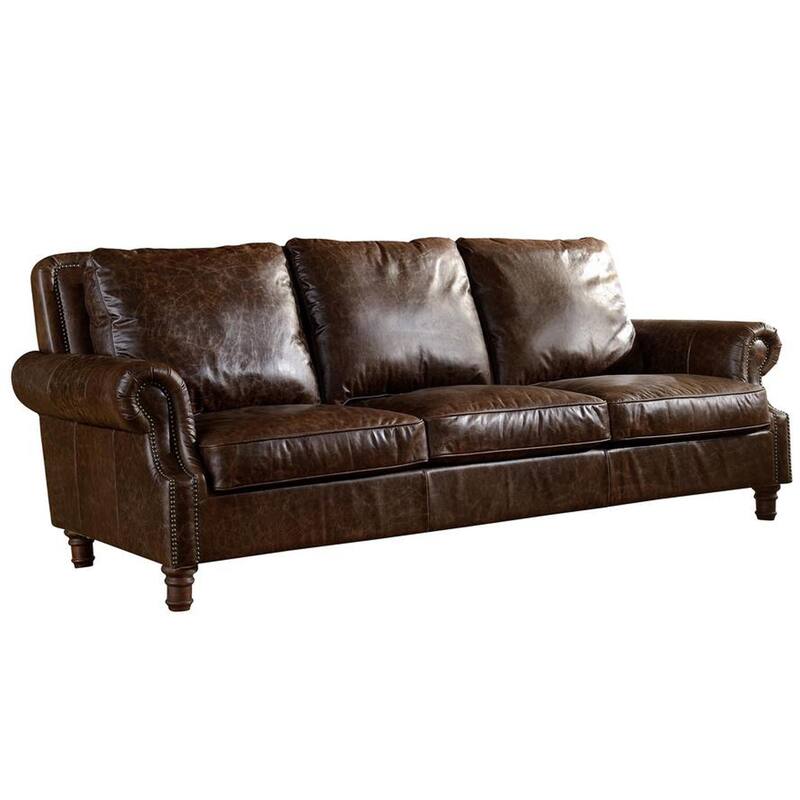 English Rolled Arm Sofa - Leather - Dark Brown