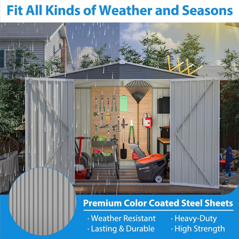8x6 FT Waterproof Outdoor Shed with Metal Floor & Lock, Gray Tool Storage