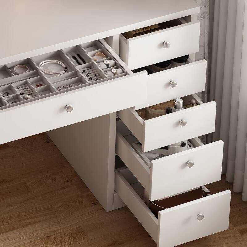 Vanity Desk with LED Lighted Mirror, Vanity Table Set with Drawers and Open Shelves, Makeup Table with 3 Lighting Modes
