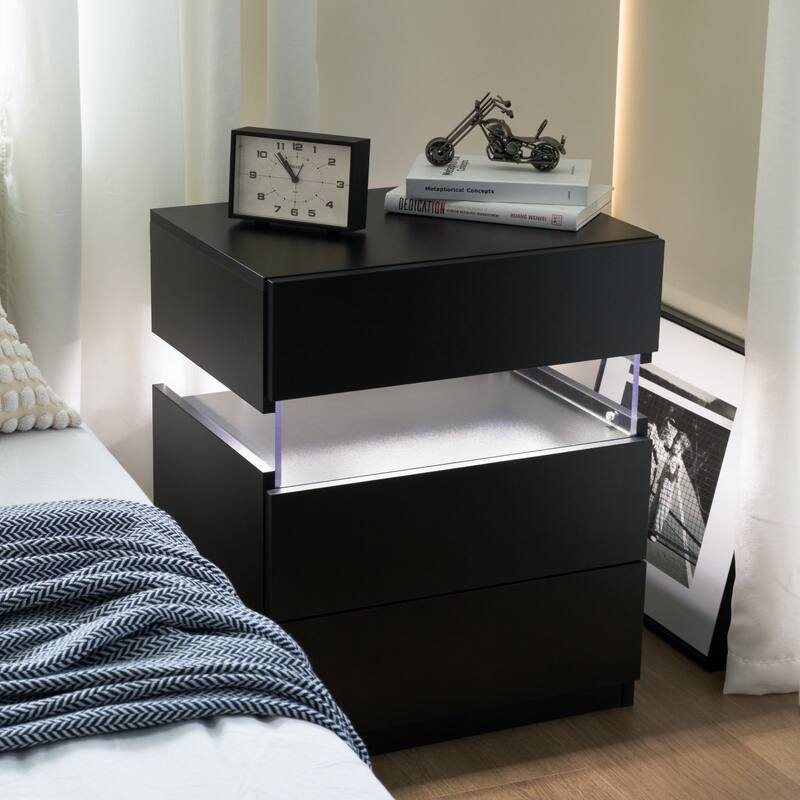 Black LED Nightstands with Acrylic Board and RGB LED Light - Modern End Table for Bedroom