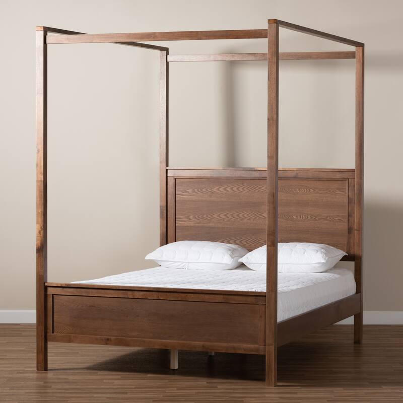 Modern Walnut Brown Wood Platform Bed - Low Profile Bed Frame for Bedroom - Sturdy Construction