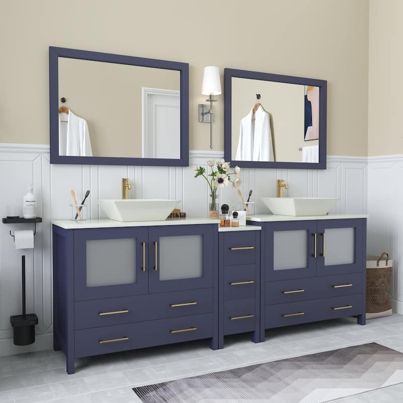 Vanity Art 84" Double Sink Bathroom Vanity Set with Engineered Marble Top and Free Mirrors