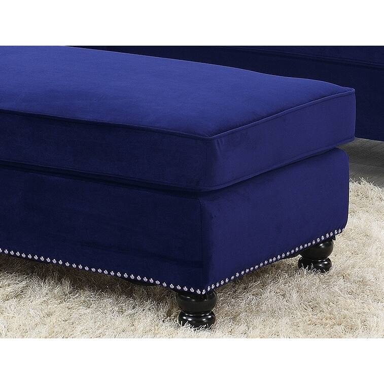 Living Room XL Cocktail Ottoman Indigo Velvet Accent Studding Trim Wooden Legs