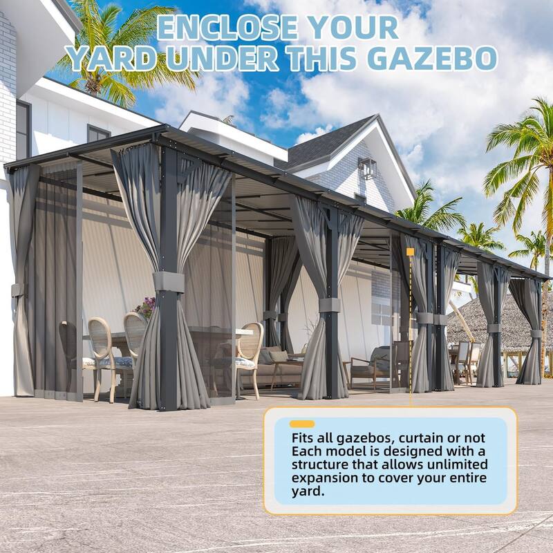 AECOJOY Gazebo for Patio, Small Wall-Mounted Lean to Pergola 8x8 Gazebo with Curtains and Netting, Hard Top Gazebo on Clearance