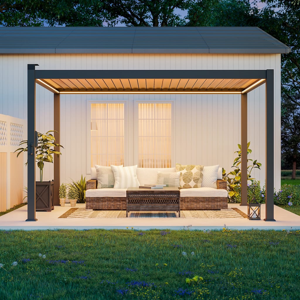 BONOSUKI Solar LED Louvered Pergola with Aluminum Frame for Modern Patio Living