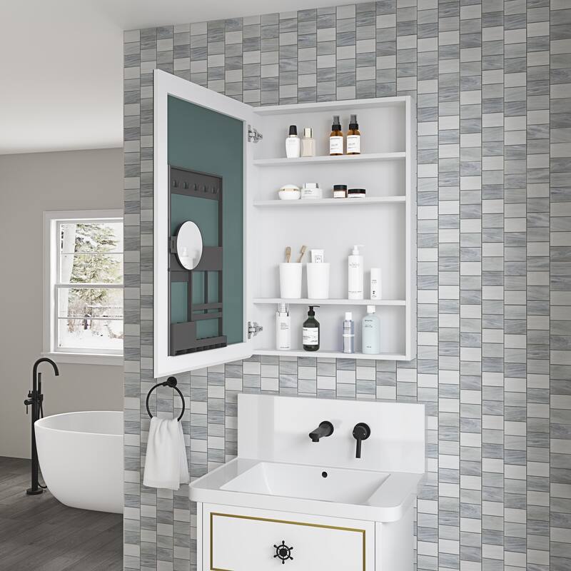 24'' W x 36'' H Bathroom Mirror Medicine Cabinet-Wooden Door, Wall Mounted Recessed or Surface, Bathroom Mirror with Storage