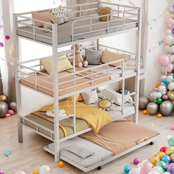 slide 2 of 18, Twin Size Metal Triple Bunk Bed With Twin Size Trundle for Home White