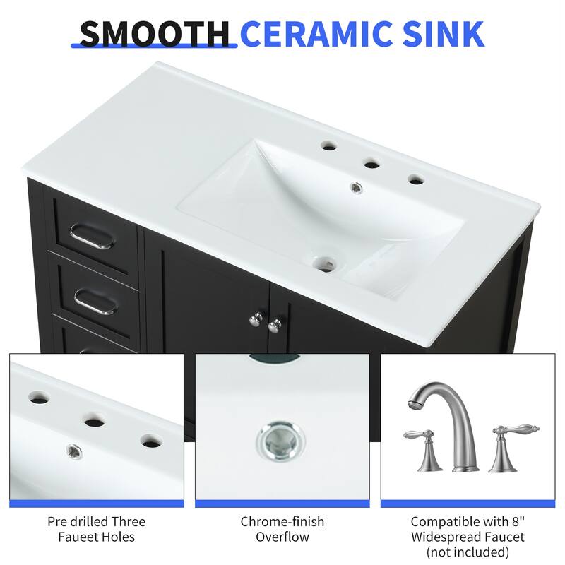 Roomfitters 36" Bathroom Vanity with Sink, Right-Side Basin, Solid Wood Frame, 2 Doors, 2 Drawers & Open Shelf