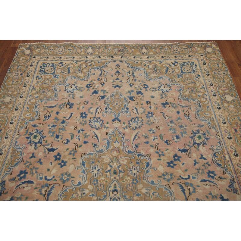 Hand Knotted Oriental 100% Wool Carpet Traditional Floral Pink Mashad Area Rug - 9' 1'' X 5' 7''