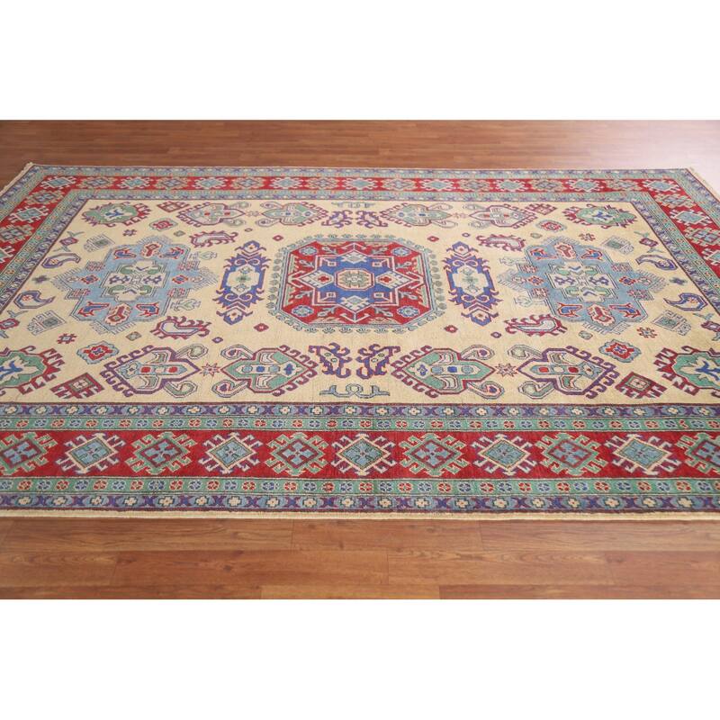 Hand Knotted Oriental 100% Wool Carpet Traditional Geometric Peach Kazak Area Rug - 9' 9'' X 6' 8''