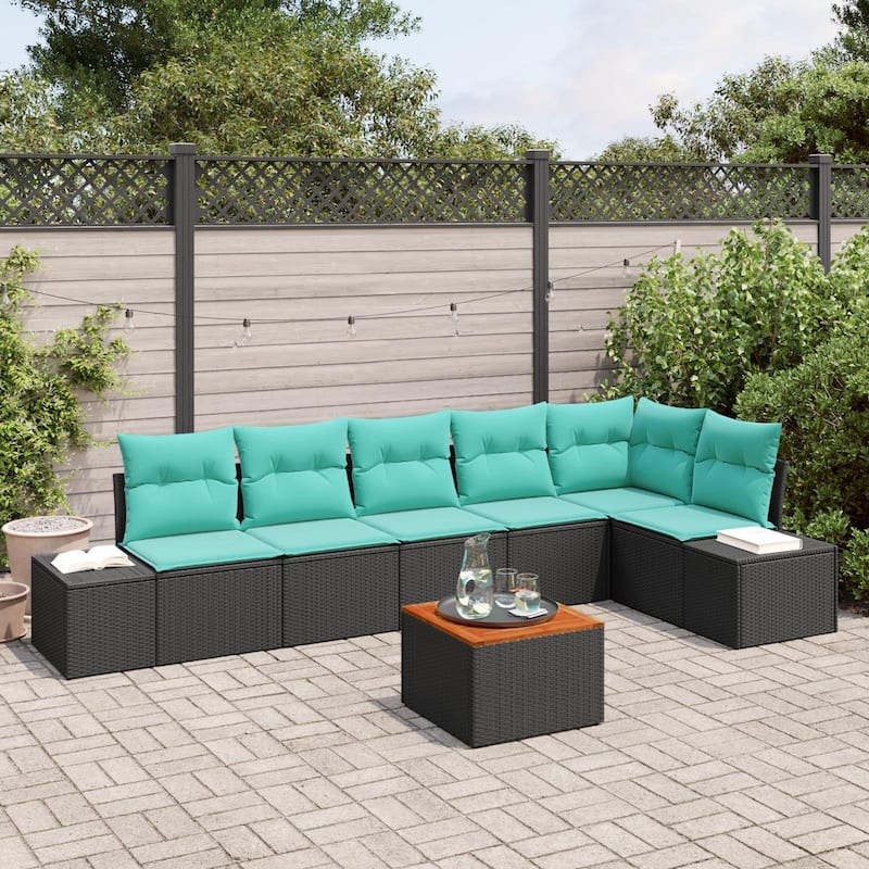 vidaXL 7 Garden Sofa Set with Cushions Black/Grey Poly Rattan - 125.6 x 60.6 x 27.2 - Black
