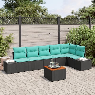 vidaXL 7 Piece Garden Sofa Set with Cushions Black Poly Rattan Acacia - 125.6×60.6×27.2