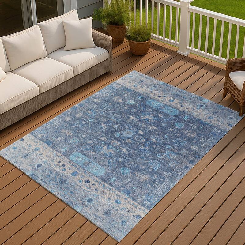 Machine Washable Indoor/ Outdoor Traditional Border Chantille Rug - Navy - 10' x 14'
