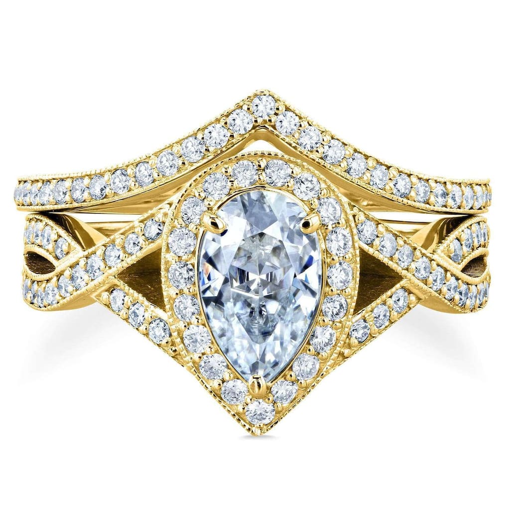 Kobelli 1.3 Carat Lab Grown Diamond Solid 14k Gold Pear Halo Crossover Venus Bridal Set