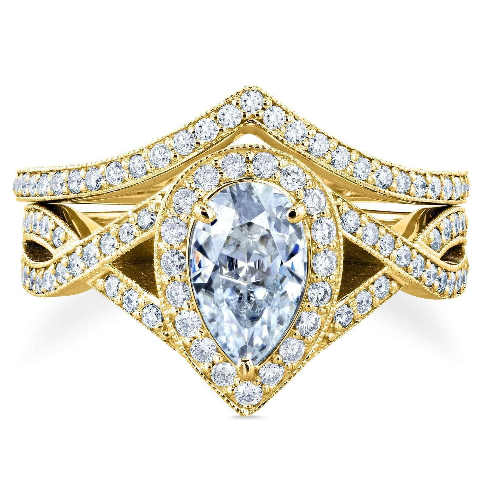 Kobelli 1.3 Carat Lab Grown Diamond Solid 14k Gold Pear Halo Crossover Venus Bridal Set