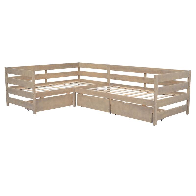 Twin Size L-shaped Platform Bed with Storage Drawers, Wooden Bed Frame