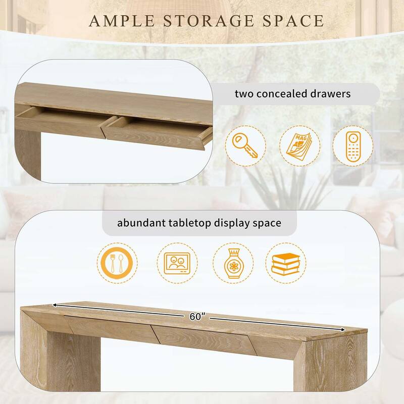 Farmhouse Console Table with 2 Concealed Drawers,Waterfall Edge,Thick Legs
