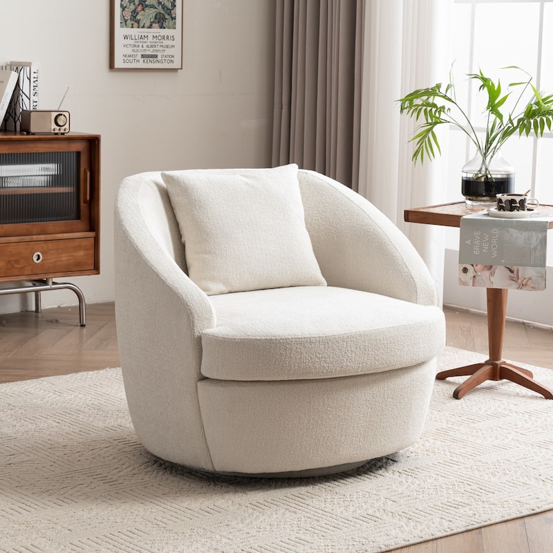 Swivel Upholstered Accent Chair With Lumbar Pillow, Barrel Chair - White