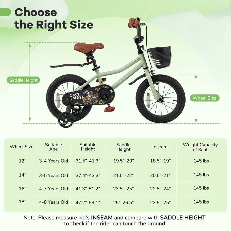 Costway 12"/14"/16"/18" Kid’s Bike with Training Wheels Adjustable