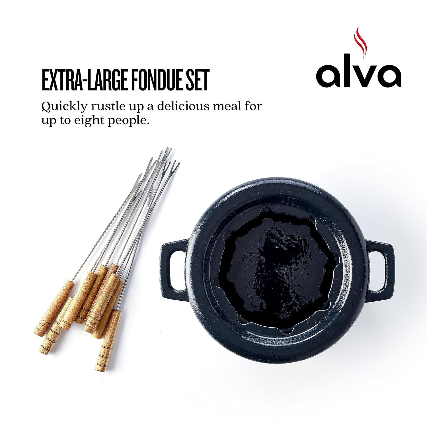 Alva Nori Cast Iron Round Fondue Pot Set with 8 Fondu Forks, 2 Quart