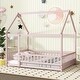 preview thumbnail 66 of 127, Wood Toddler House Bed with Roof Frame and Safety Guardrails Montessori Floor Bed without Slats No Door Houseshaped Platform Bed Pink - Full