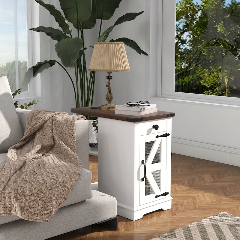 Side Table with Charging Station with Storage Shelf and Drawers