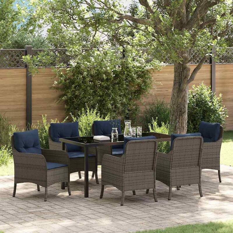 vidaXL Garden Dining Set with Cushion Grey Poly Rattan - Grey-23.03x26.38x33.86 in.