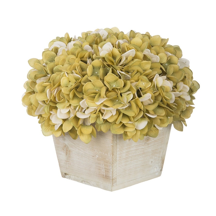 Faux Hydrangea in White Washed Wood Cube Planter