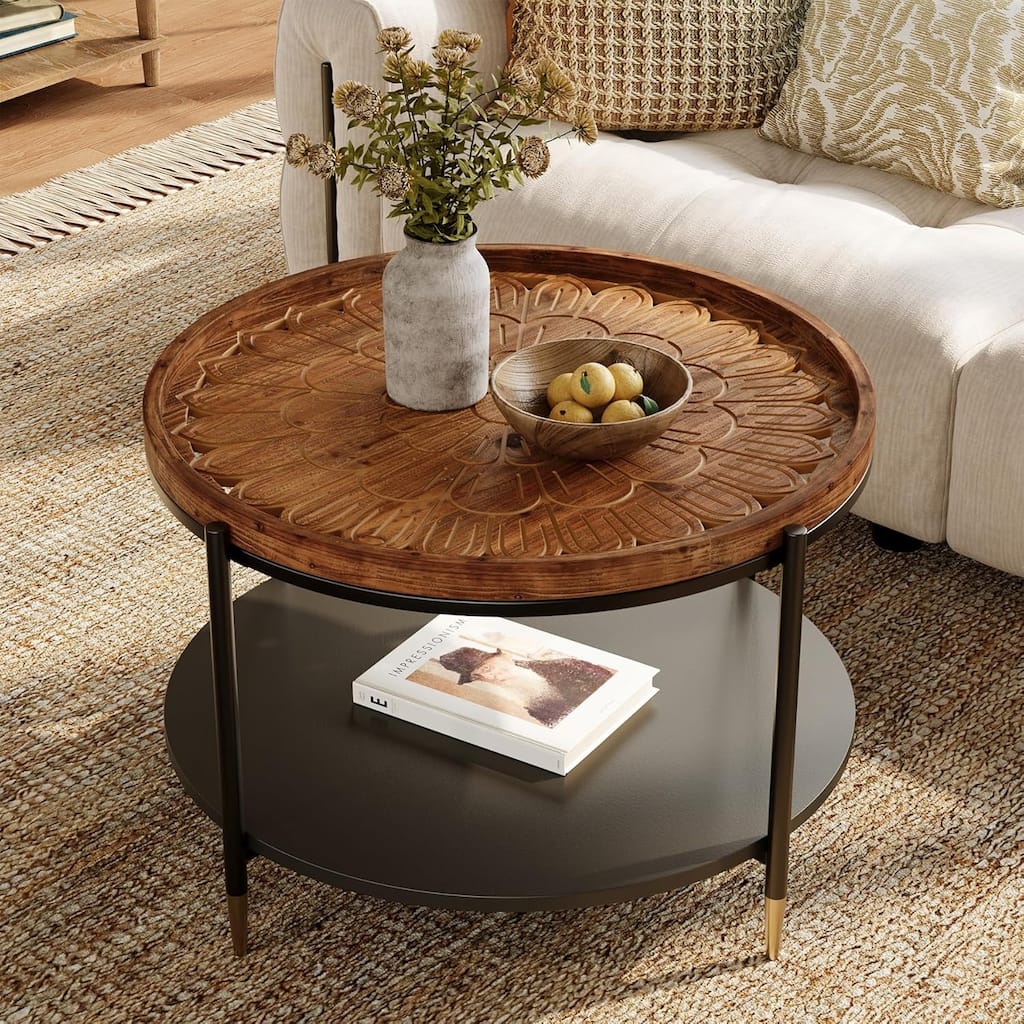 31.5" Solid Wood Coffee Table with Metal Frame & Carved Floral Pattern - 31.49" W x 31.49" D x 19.68" H