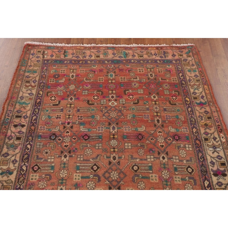 Geometric Zanjan Persian Vintage Runner Rug Handmade Wool Carpet - 3'7"x 9'10"
