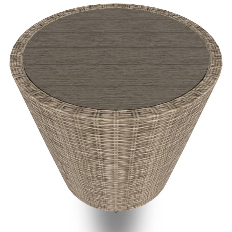 22 Inch Outdoor End Table, Round Shape, Handwoven Resin Wicker, Beige Brown