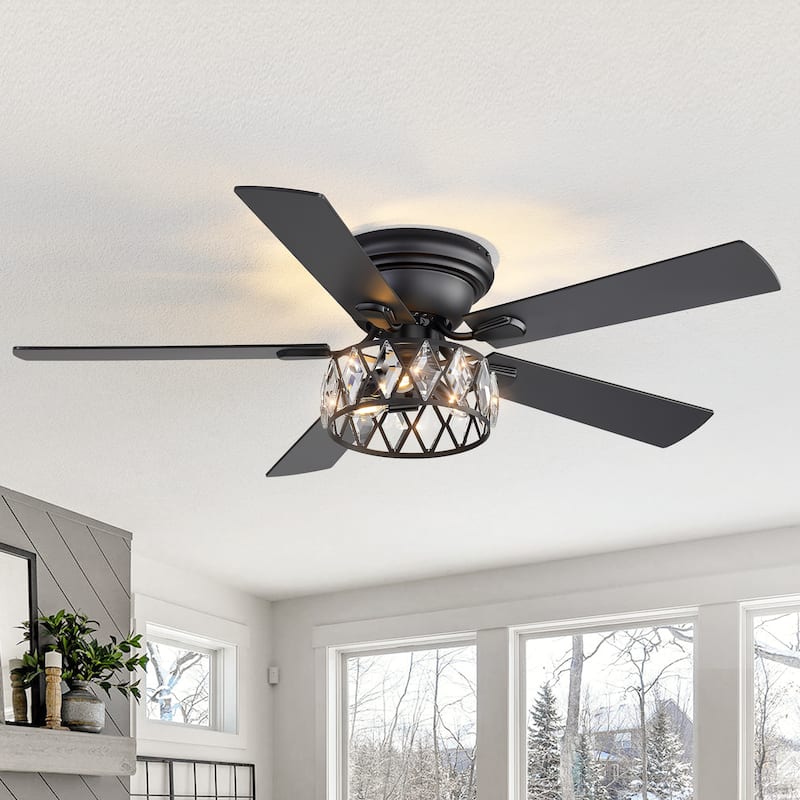 52" Flush Mount 5-Blade Modern Crystal Indoor Ceiling Fan with Light Kit and Remote