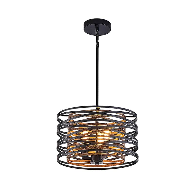 Sofucor 13/20/24 Inch Rustic Industrial Pendant Light,Black and Walnut Metal Cage Chandelier with Wood Accents for Dining Room - 13Inches - Walnut + Iron