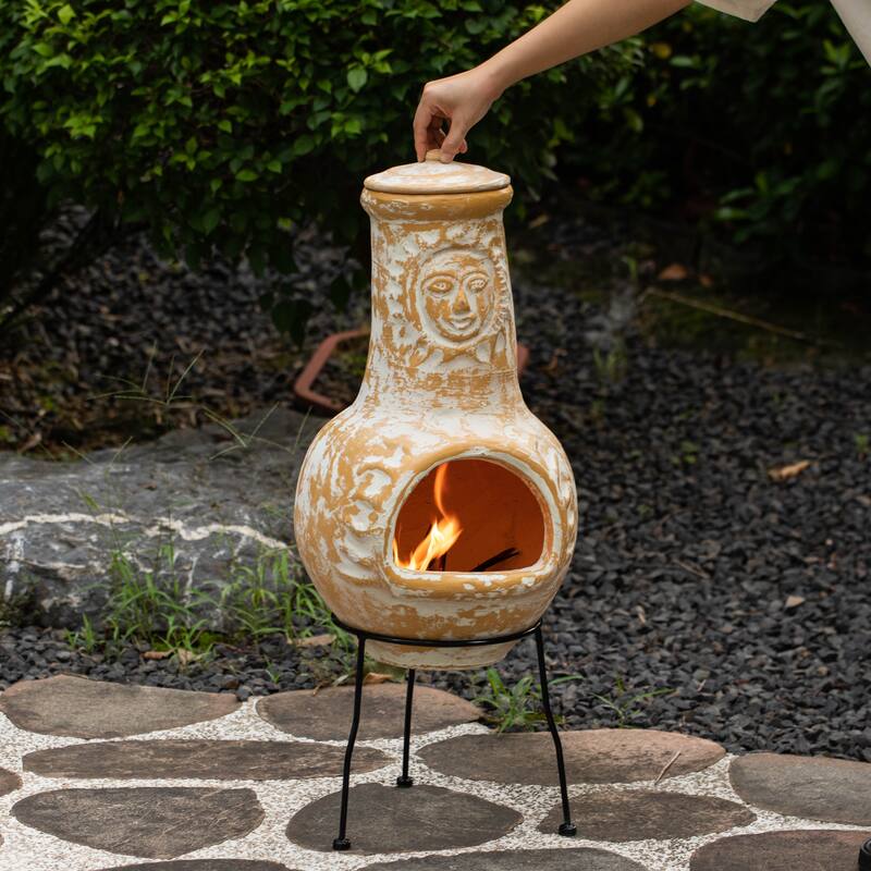 Outdoor Clay Chiminea Fireplace Sun Design Wood Burning Fire Pit with ...