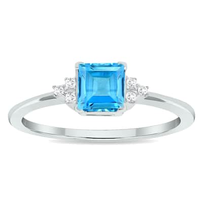 Women's Princess Cut Blue Topaz and Diamond Half Moon Ring in 10K White Gold