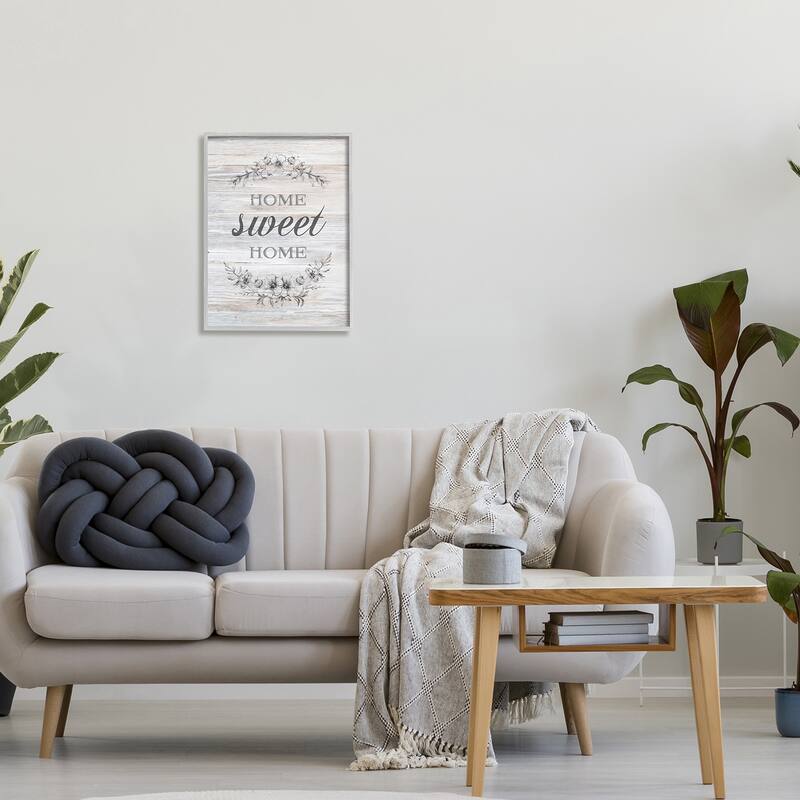Stupell Home Sweet Home Floral Stencil Ornament Rustic Sign Framed Wall Art,Design by Bluebird Barn - Grey